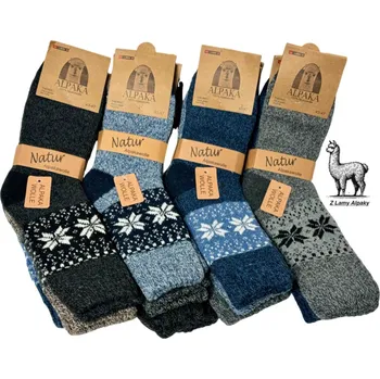 Pánské termo ponožky z alpaka vlny – 3 páry s pleteným norským vzorem pro zimní pohodu šedá, modrá, hnědá 39-43