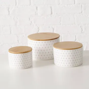 Keramický dřez Boltze Home Keramické dózy s bambusovým víkem LILLY, 3 ks, bílé