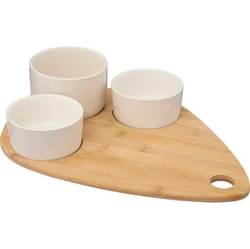 Secret de Gourmet Misky na občerstvení na bambusovém prkénku ve tvaru slzy, 3 nádoby, bílé
