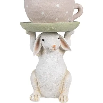 Vánoční dekorace Dekorace béžový králíček se šálkem na hlavě - 15*14*24 cm