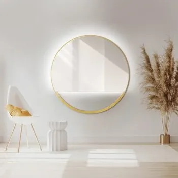 Zrcadlo Kulaté zrcadlo ve zlatém rámu MDF SLIM s volným prostorem - OLENA LED