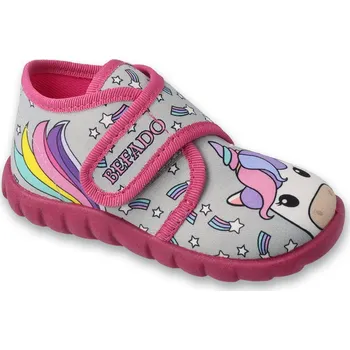 Dívčí bačkory Bačkůrky botičky Befado 465P168 šedorůžové s jednorožcem flexibilní ultralehké, suchý zip velikost: 23