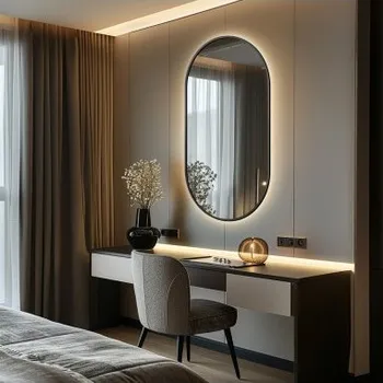 Zrcadlo Oválné zrcadlo v černém rámu MDF SLIM s osvětlením - OLI LED - barva rámu dle vašeho výběru