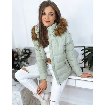 Dámské oblečení zelená prošívaná bunda s kožešinovou kapucí GRETA - XL Barva: Zelená, Velikost: XL