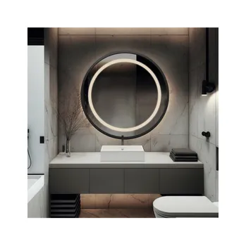 Zrcadlo Kulaté zrcadlo v černém matném mdf rámu s pískovaným podsvícením - LAURA LED - barva rámu dle vašeho výběru