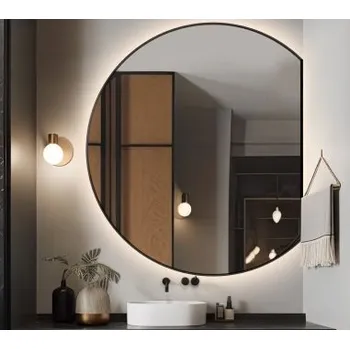 Zrcadlo Kulaté zrcadlo v černém matném rámu z MDF s osvětlením - OTTO LED SE ŠIKMÝM BOKEM