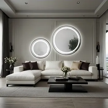 Zrcadlo Sada kulatých pískovaných zrcadel v černém rámu MDF SLIM s osvětlením STELLA LED II - výběr barvy rámu