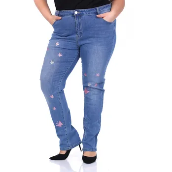 Dámské kalhoty Džínové kalhoty s třpytivou motýlkovou aplikací Barva: Světlá, Velikost: 7XL