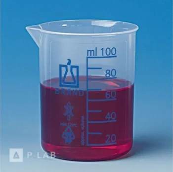 Kádinka nízká PP s modrou orientační stupnicí | BRAND (Objem (ml): 100, Dělení (ml): 20, Výška (mm): 70, Vnější průměr (mm): 55, Balení (ks): 1)
