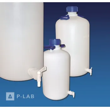 Laboratorní baňka Láhev silnostěnná úzkohrdlá HDPE s výpustným kohoutem | KARTELL (Objem (l): 25, Průměr (mm): 280, Výška (mm): 565, Vnější průměr hrdla (mm): 95,5, Vnitřní průměr hrdla (mm): 79,5, Balení (ks): 1)