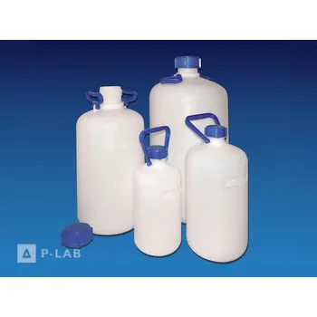 Láhev zásobní úzkohrdlá silnostěnná HDPE | KARTELL (Objem (ml): 5 000, Vnější průměr láhve (mm): 170, Výška (mm): 345, Vnější průměr hrdla (mm): 62,5, Vnitřní průměr hrdla (mm): 52,5, Počet držadel: 1, Balení (ks): 1)