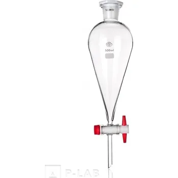 Nálevka dělící kónická dle Squibba s PE zátkou a PTFE kohoutem (Objem (ml): 100, Průměr (mm): 65, Výška (mm): 240, Průměr stonku (mm): 9, NZ: 19/26, Balení (ks): 1)