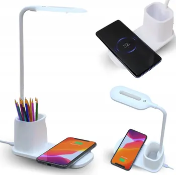 Lampička ŁADOWARKA INDUKCYJNA LAMPKA BIURKOWA LED BÍLÁ ZÁSOBNÍK KABEL NASTAVITELNÁ