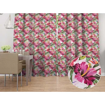 ubrus Bavlněný závěs Sandra SA-555 Růžovo-červené havajské květy na bílém 140x140 cm