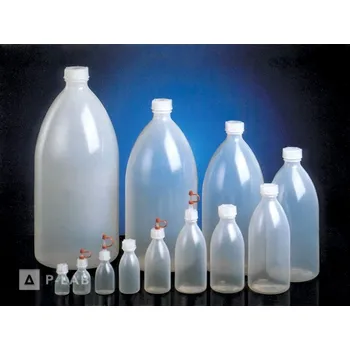 Laboratorní baňka Láhev úzkohrdlá (Objem (ml): 250, Průměr láhve (mm): 61,3, Průměr hrdla (mm): 19,0, Výška bez víčka (mm): 140,0, Balení (ks): 1, Barva: Hnědá)