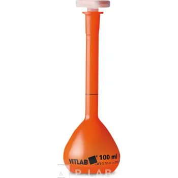 Baňka odměrná TPX třídy A oranžová s PP zátkou | VITLAB (Objem (ml): 100, Tolerance (± ml): 0,10, Výška (mm): 180, Závit GL: 18, Balení (ks): 1)