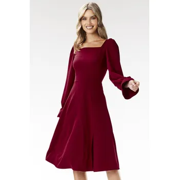 Dámské oblečení Elegantní midi šaty s diamantovým výstřihem A695 Barva: Vínová, Velikost: M