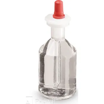 Lahvička s kapátkem s plastovou zátkou (Barva: čirá, Objem (ml): 50, Zábrus NZ: 14/15, Výška (mm): 77, Balení (ks): 1)