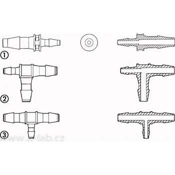 Redukce (Typ: T - redukce (3), Pro vnitřní průměr hadičky(mm) A: 1,6, Pro vnitřní průměr hadičky(mm) B: 1,6 , Pro vnitřní průměr hadičky(mm) C: 3,2, Balení (ks): 10)