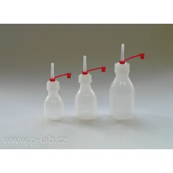 Laboratorní baňka Lahvička s kapátkem LDPE (Objem (ml): 100, Průměr láhve (mm): 47,0, Průměr hrdla (mm): 12,9, Výška (mm): 136, Balení (ks): 1)