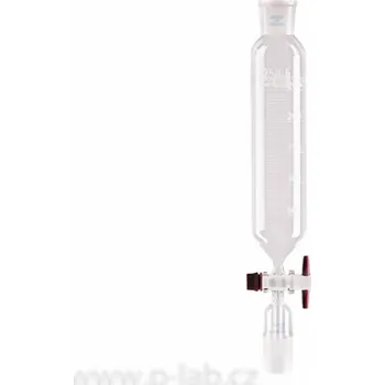 Laboratorní baňka Nálevka přikapávací s teflonovým kohoutem (Objem (ml): 500, Dělení (ml): 10, Zábrus zátky NZ: 29/32, Průměr kohoutu (mm): 14,5, Průměr otvoru kohoutu (mm): 4,0, Balení (ks): 1)