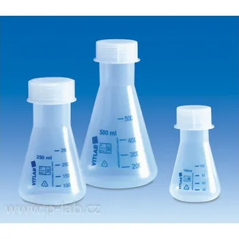 Baňka Erlenmeyerova PP a TPX se šroubovacím uzávěrem | VITLAB (Objem (ml): 50, Dělení (ml): 10, Materiál: Baňky z TPX, Balení (ks): 1)