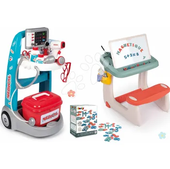 Dětská kuchyňka Set lékařský vozík elektronický Medical Smoby a lavice na kreslení s tabulí a náhradními magnetkami ABC