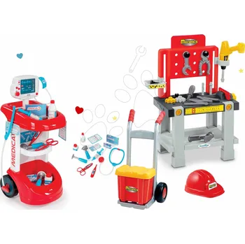 Hra na obchod Set lékařský vozík Smoby s tlakoměrem a pracovní dílna s rudlem a přilbou