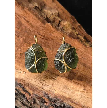 Náušnice Vltavín Moldavite Zlaté náušnice s nebroušenými vltavíny P