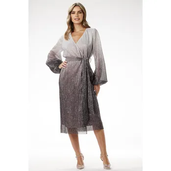 Dámské šaty Flitrové midi zavinovací šaty s dlouhým rukávem, ombre A702 Barva: Stříbrná, Velikost: XL