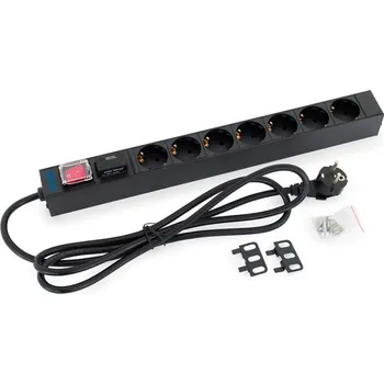 Rozvaděč TRITON 19" rozvodný panel 1U; 7 x zásuvka podle DIN, max. 16 A; kabel 3 x 1,5 mm, 2 m + zástrčka univerzál CZ-DE max.16A RAB-PD-X12-A1