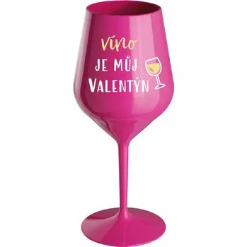 Sklenice VÍNO JE MŮJ VALENTÝN - růžová nerozbitná sklenice na víno 470 ml