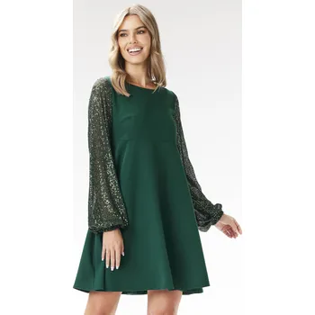 Dámské šaty Minišaty áčkového střihu s flitrovanými rukávy A694 Barva: Zelená, Velikost: XL