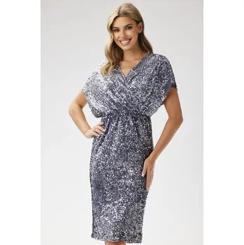 Dámské šaty Flitrové midi zavinovací šaty s ramínky A698 Barva: Šedá, Velikost: S