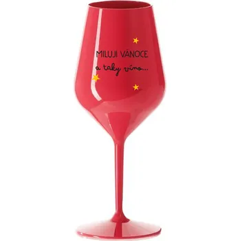 Sklenice MILUJI VÁNOCE A TAKY VÍNO - červená nerozbitná sklenice na víno 470 ml