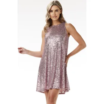 Dámské šaty Večerní flitrové trapézové minišaty s ohlávkovým výstřihem A691 Barva: Růžová, Velikost: M