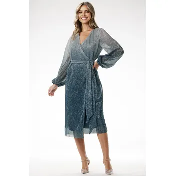 Dámské šaty Flitrové midi zavinovací šaty s dlouhým rukávem, ombre A702 Barva: Zelená, Velikost: XL