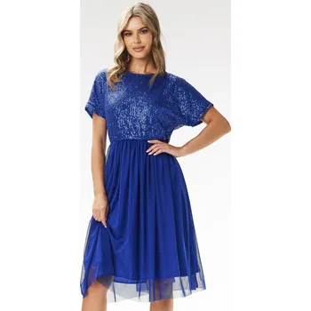 Dámské šaty Kimono midi večerní šaty s flitry a tylem A689 Barva: Modrá, Velikost: S