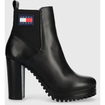 Dámské kozačky Kožené kotníkové boty Tommy Jeans TJW NEW ESS HIGH HEEL BOOT dámské, černá barva, na plochém podpatku, EN0EN02439 99X, EUR 41