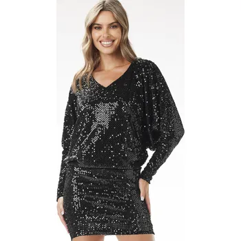 Dámské šaty Kimono flitrové minišaty s dlouhým rukávem A700 Barva: Černá, Velikost: M