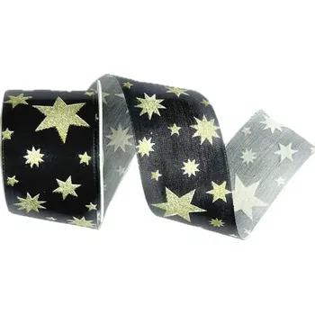 Stuha Vánoční taftová stuha BLACK STARS černá 40mm x 2m (Vánoční stuha taftová, černá, jednostranná, zlatý potisk, s vlascem v lemu)