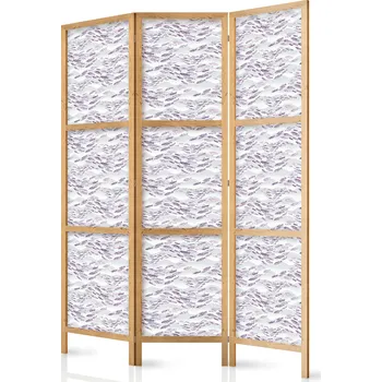 Paraván Japonský paraván - Ryba v tlumených barvách - Hejno malých ryb ve světle fialové a jemně růžové na pozadí šedých vln Velikost: 135x172 cm