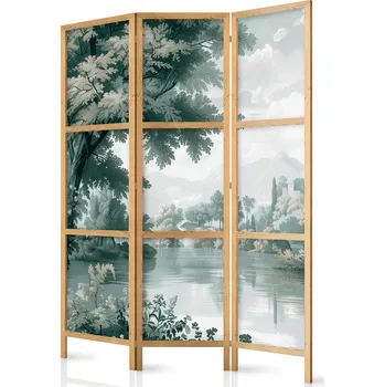 Paraván Japonský paraván - Pohled na park a jezero - retro retro krajina v zeleni. Velikost: 135x172 cm