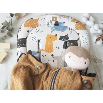 SET Podložka prodloužená (Puppies, taupe fleece) + copánková deka (caramel, černý fleece)