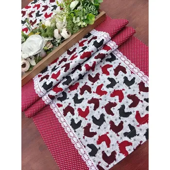 ubrus Běhoun - kohoutci na šedé s vínovým puntíkem