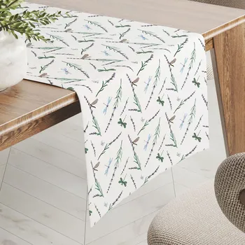 ubrus Bavlněný běhoun na stůl Sandra SA-560 Vážky a levandule na bílém 20x140 cm