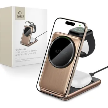 Tech-Protect | Tech-Protect A42 3in1 MagSafe bezdrátová nabíječka na mobil / Apple Watch / AirPods 15W, zlatá