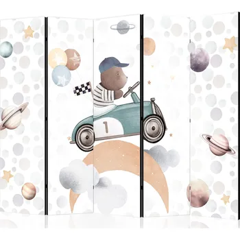 Paraván Paraván - Galaktické závody - Medvěd účastnící se automobilových závodů mezi planetami - Mraky - a hvězdy v pastelových odstínech Velikost: 225x172 cm, Provedení: Jednostranný