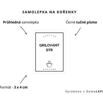 Samolepící etiketa GRILOVANÝ SÝR - Samolepka na kořenky 3 x 4 cm - DomaLEP varianta: PRŮHLEDNÁ - tučné písmo