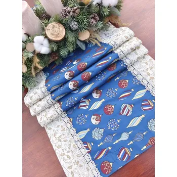 ubrus Běhoun vánoční - modré ozdoby v kombinace se zlatými vločkami